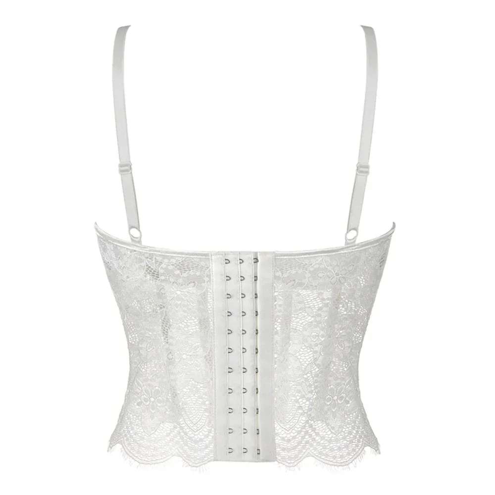 Summer Mesh Sexy Bustier Tops for Women Lace Corset Top Spaghetti Strap Boned Going Out Crop Top White