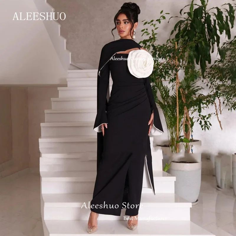 Aleeshuo Saudi Arabia Satin Mermaid Long Sleeves Prom Gowns High Neck Pleat Flowers Ankle-Length فساتين مناسبة 2025 Customized