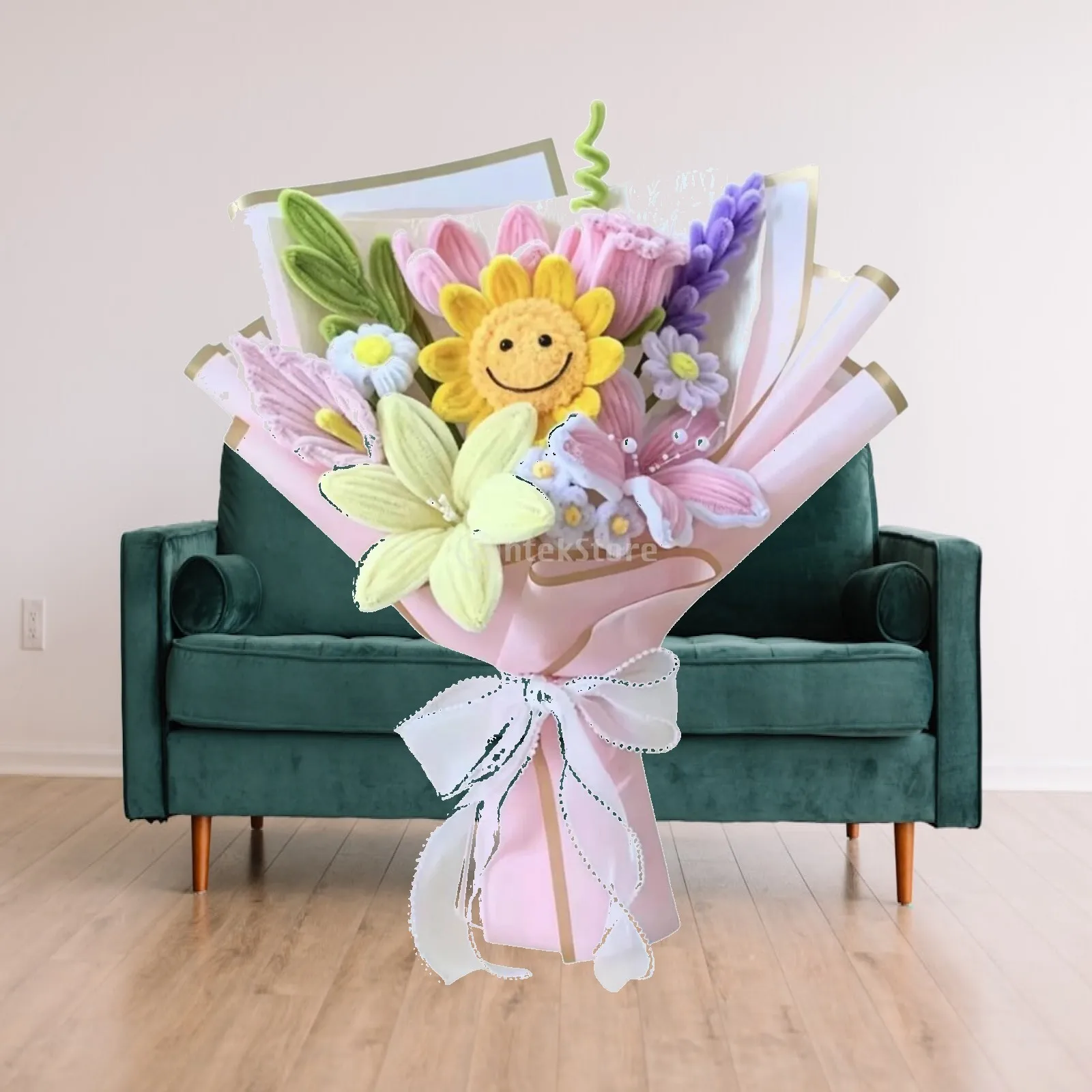 Handmade Chenille Flower Bouquet Artificial Floral Arrangement with Smiling Yellow Centerpiece Pastel Decor for Desk Home Office