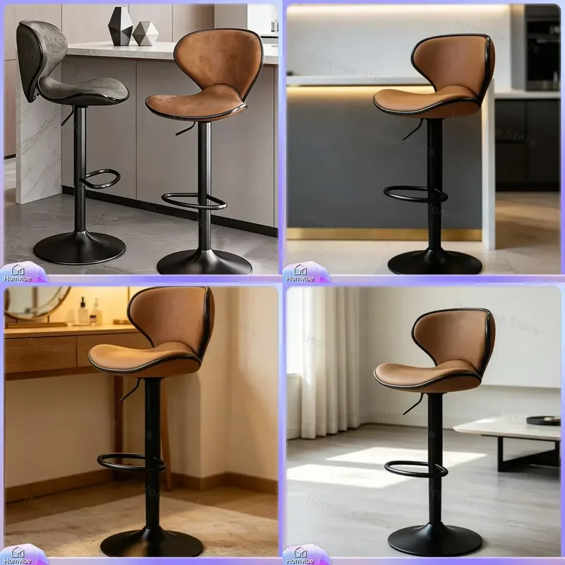 Luxury Retro Bar Stool Adjustable Height High Chair with Backrest Modern Simple Front Desk Leisure Seat Home Furniture