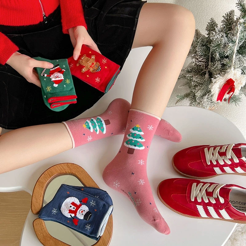 4 Pairs Christmas Socks for Women Winter and Autumn Festival Cotton Middle Tube Socks Set Happy New Year Red Green Pink Sock