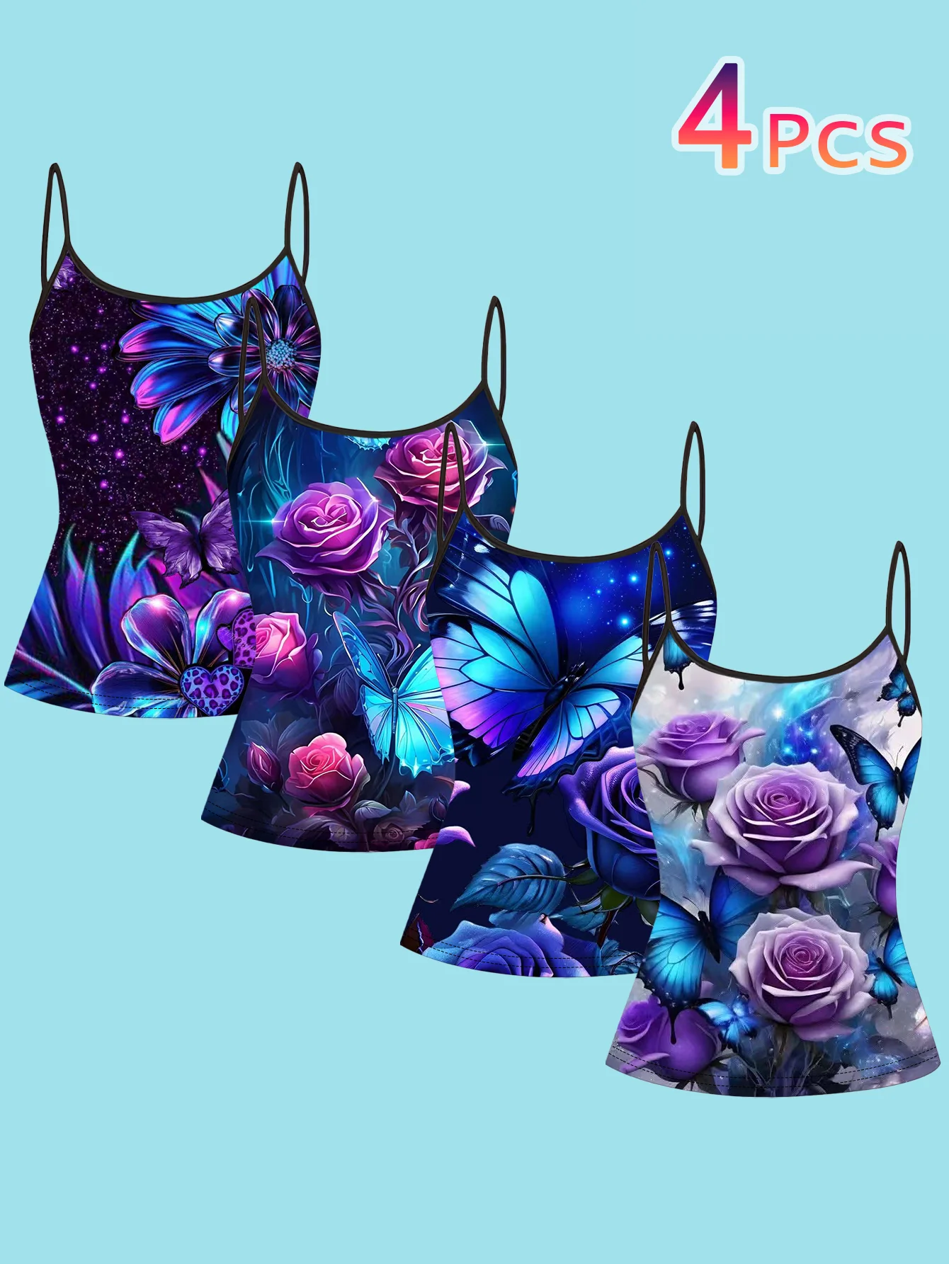 4-Piece Set of Women's Spaghetti Strap Camisoles with Black Base and Neon Blue-Purple Rose Butterfly Starry Sky Glitter Art Print, Slim Fit Sleeveless Tops