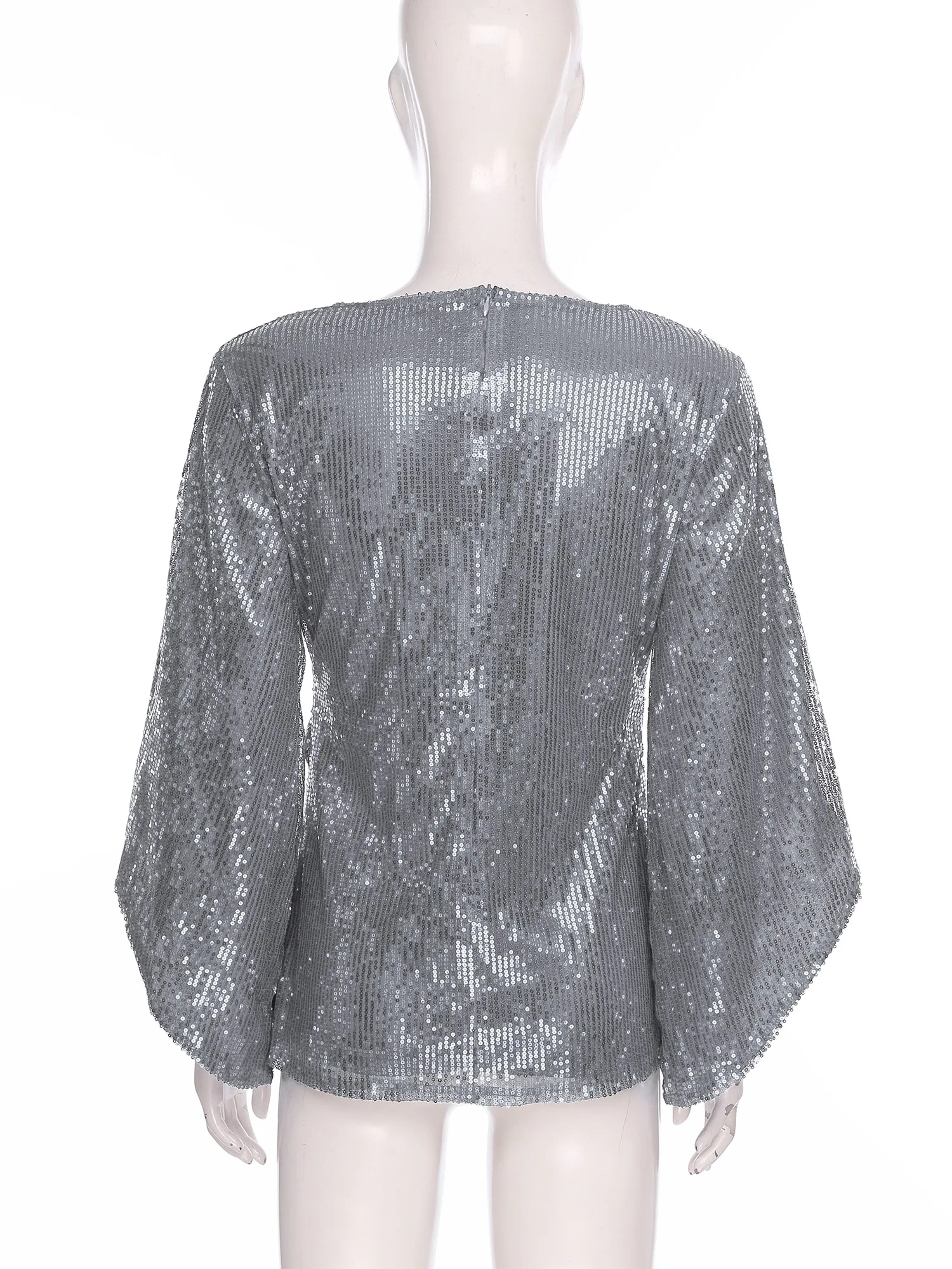 Women's Glittery Sequin Blouse V Neck Irregular 3/4 Flared Sleeves Fully Lined Pullover Shirt Tops for Cocktails Club Evenings