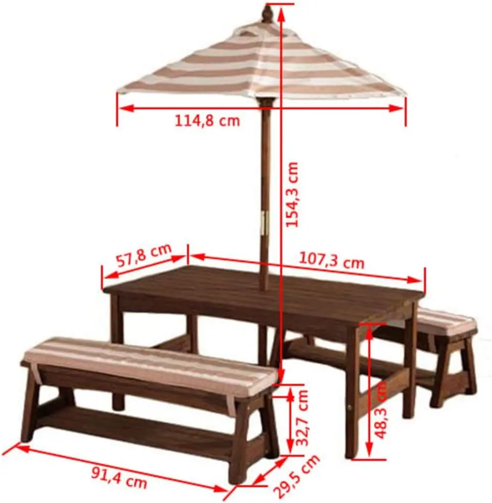 Juego de mesa y banco de madera para exteriores con cojines y paraguas, muebles de patio trasero para niños, tela de rayas azul marino y blanco