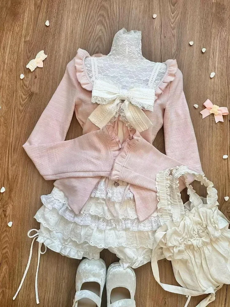 Sweet Fungus Long Sleeve Cardigan Tops+ Sexy Slim Fit Bow White Vest+ High Waist Ruched Lace Cake Skirts Three Piece Sets