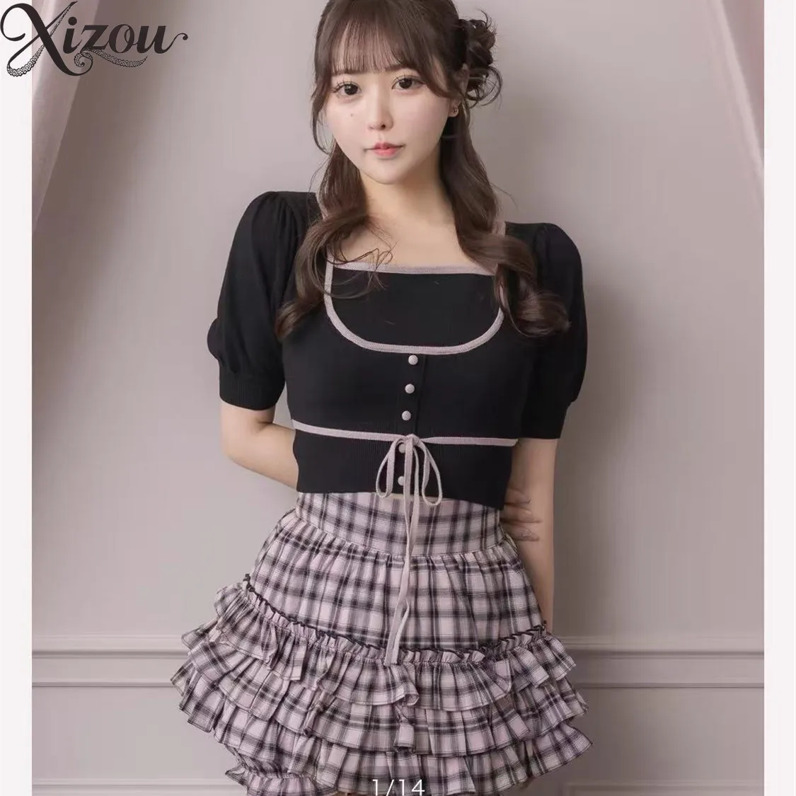 

Japanese Style Original Casual Tee Decoration Sweet U-neck Retro Knitting T-shirt Fashion Summer Short Sleeve Tops for Women