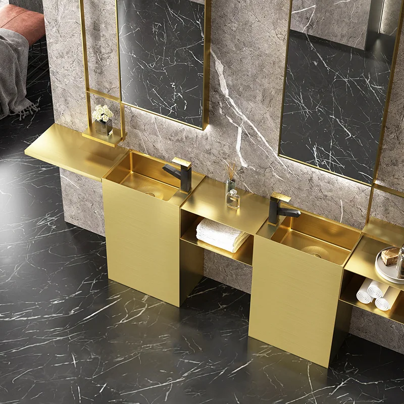 Light luxury stainless steel basin washbasin balcony small apartment splash-proof integrated floor-standing washbasin