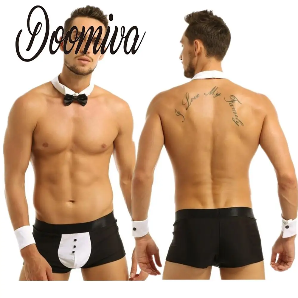 

Mens Waiter Tuxedo Lingerie Outfit Halloween Cosplay Nightclub Costume Boxer Briefs Underwear with Bow Tie Collar And Bracelets