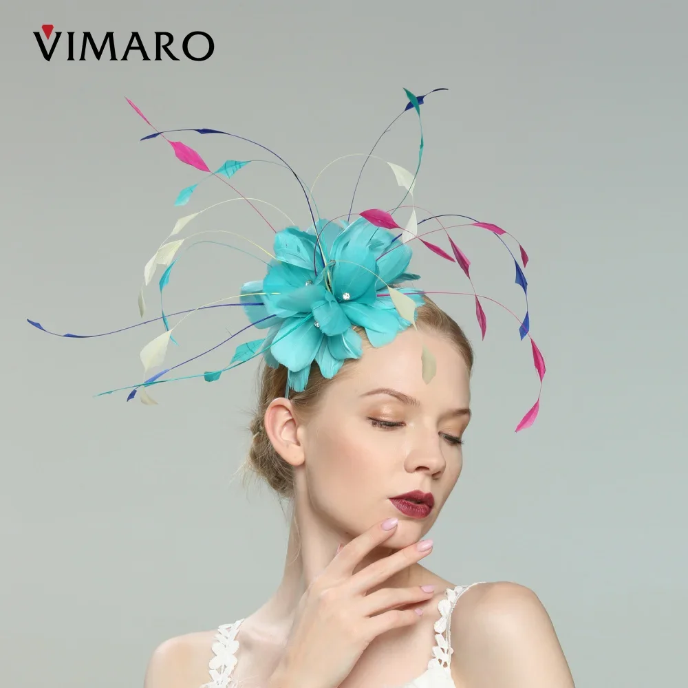 VIMARO Turquoise Feather Fascinators for Women Elegant Headbands Fascinator Hats for Women Wedding and Church Derby Hat Women