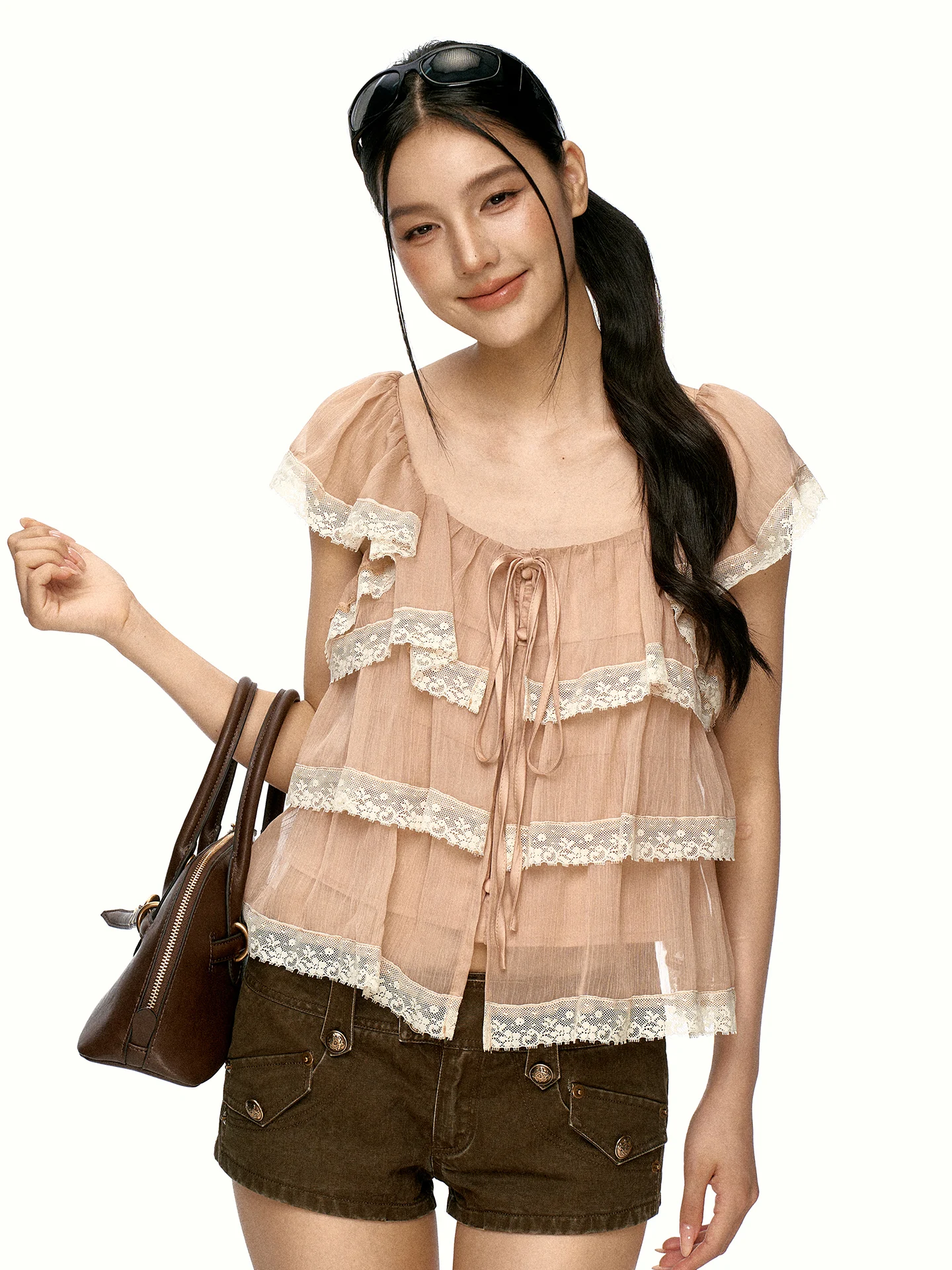 French Style Loose Fit Lace Doll Shirt Women's Summer Top Small Flying Sleeve Square Collar Slimming Young-looking Blouse