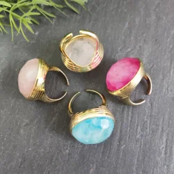 Large Round Crystal Ring, Blue/Pink/Clear/Rose Quartz Boho Hippie Ring for Women, Gemstone Jewelry Gift Wholesale