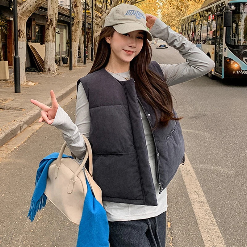 

2025 повседневная универсальная куртка без рукавов, женская осенне-зимняя базовая однотонная вельветовая жилетка, толстый теплый хлопковый жилет для женщин