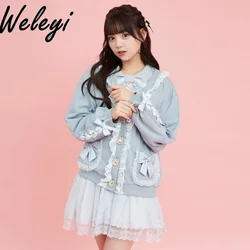 Jirai Kei Japanese Style Cute Bandage Bow Blue Coat Female Fall Winter New Sweet V-neck Lace Edge Bow Jacket Women's Clothing