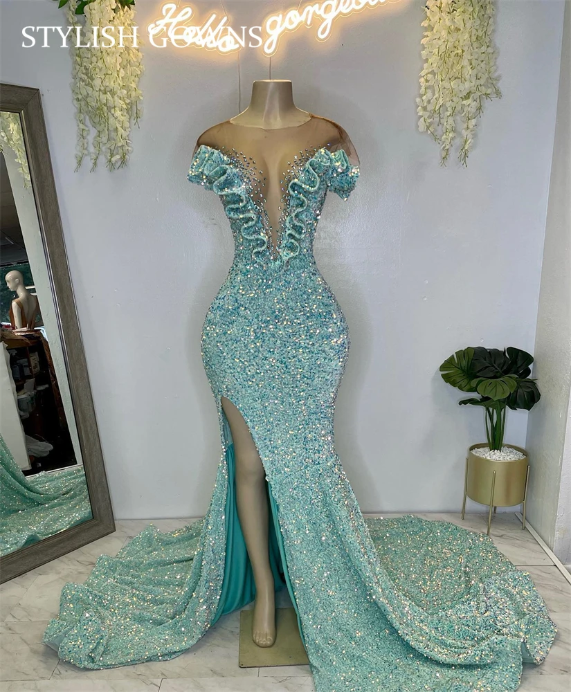 Sparkly Lake Blauw O Hals Lange Prom Jurken Voor Zwarte Meisjes Lovertjes Avondjurken Ruches Formele Kleding Kralen Hoge Split robe De