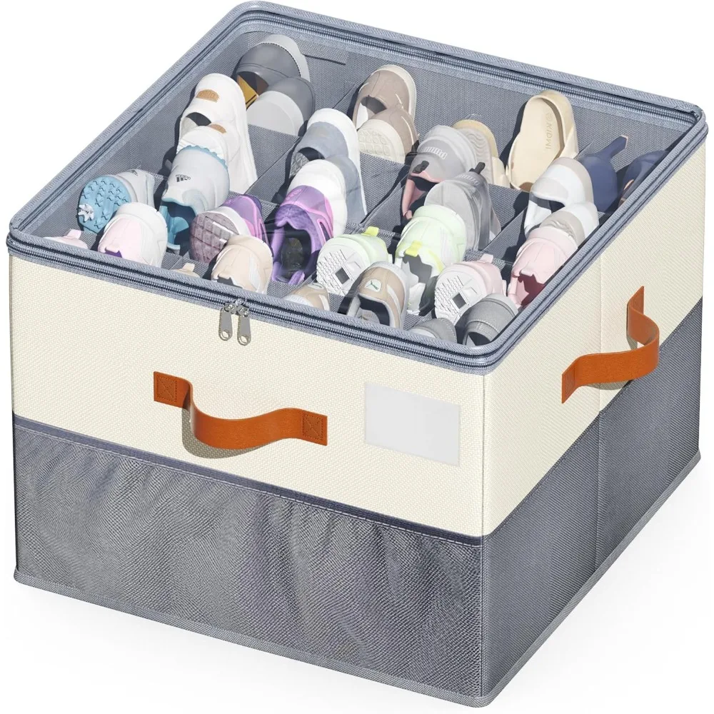 

Shoe Organizer for Closet, 1 Pack Foldable Shoe Storage Containers with Clear Cover, Shoe Box Organizers Bins with Adjustable Di