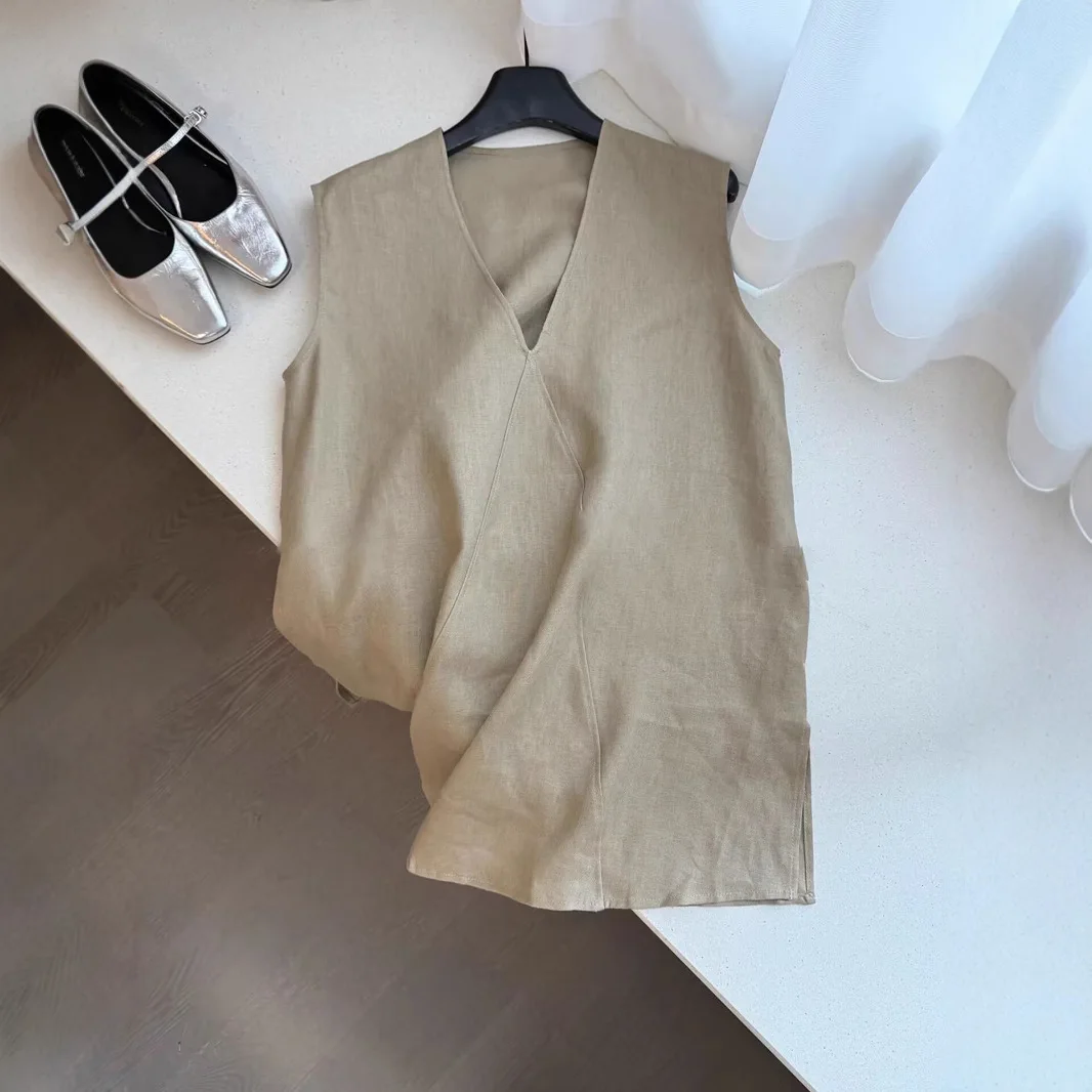 

2026 New Spring and Summer New Temperament Solid Color Sleeveless Linen Top Women's Thin Split V-neck Vest on Both Sides Tide