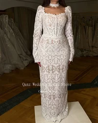 Qanz Luxury Lace Wedding Dress Long Sleeves Customized Vestidos De Novia Mermaid Square Neck Elegant Women Party Dresses 2024