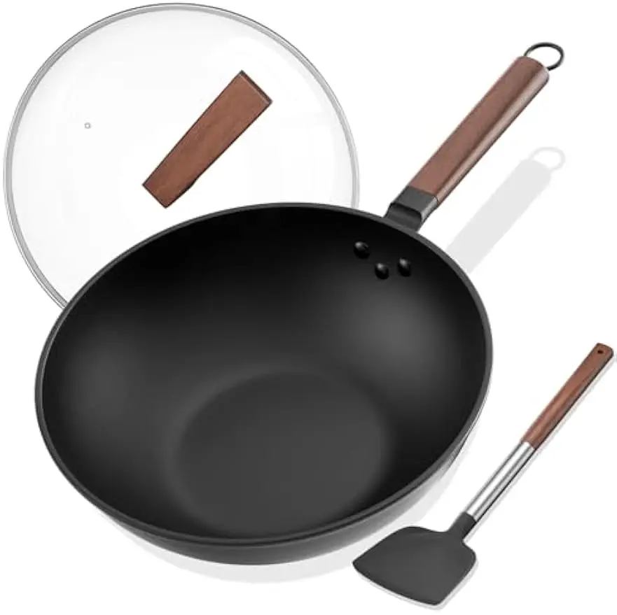 

13-Inch Carbon Steel Wok with Glass Lid & Silicone Spatula - Works on Induction, Electric, Gas Stoves