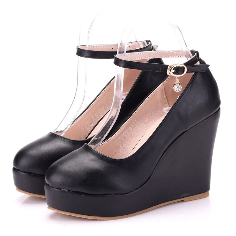 Large size round toe platform high-heeled shoes sloping single shoes with wedge heels white black wedge heels for women