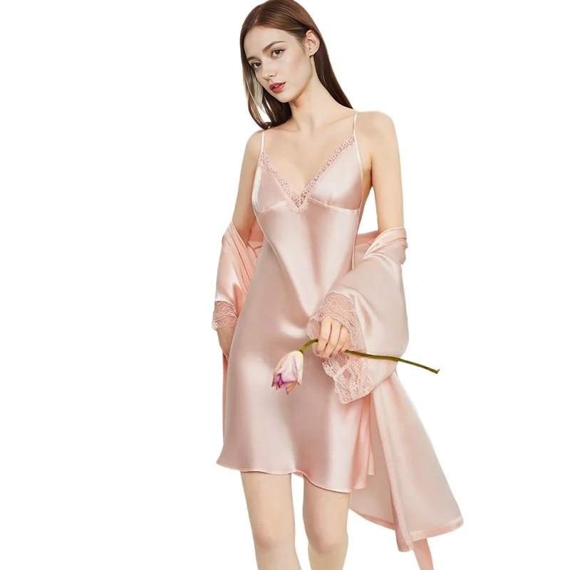 

2025 Summer V Neck Women's 100% Mulberry Silk Nightgown Set Short Suspender Skirt and Morning Gown 2PCS Loungewear Homewear