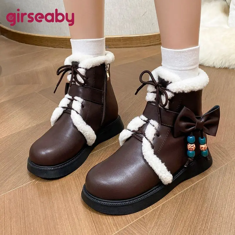 

Girseaby Fashion shoes Retro Warm Women's Ankle Boots Round Toe 2.5cm Low Heel Zipper, Lace-Up Bowknot Small Size 31-33 Black