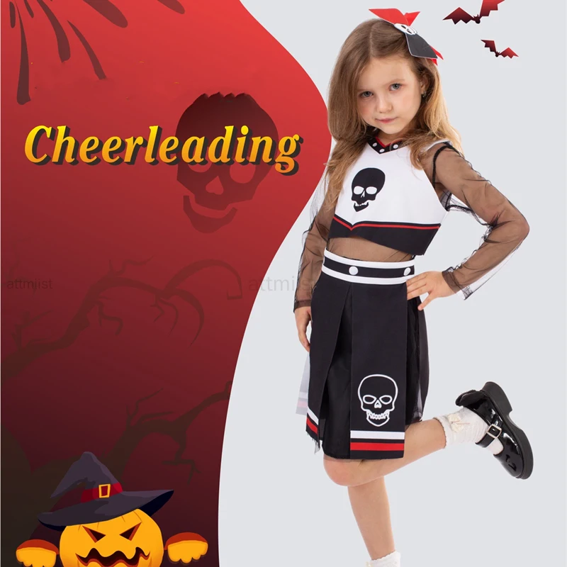 

Детский костюм болельщика на Хэллоуин для девочек, костюм для выступления на сцене, ужасающие костюмы болельщика, карнавальное праздничное платье, комплект из 4 предметов