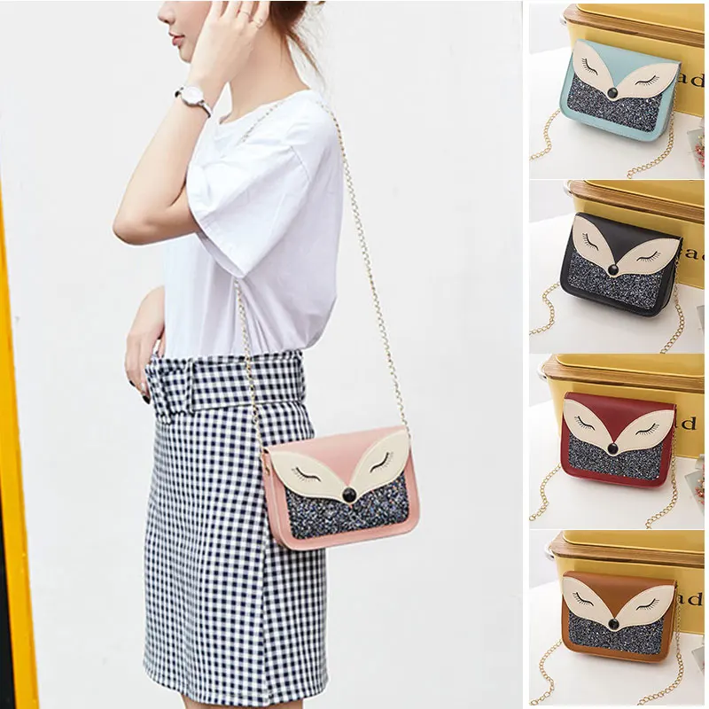 2023 New Women's Cute Fox Print Fashion Cross-Body Shoulder Bag With Chain Strap Ladies Mini Square Bags Clutch Wallet Handbags