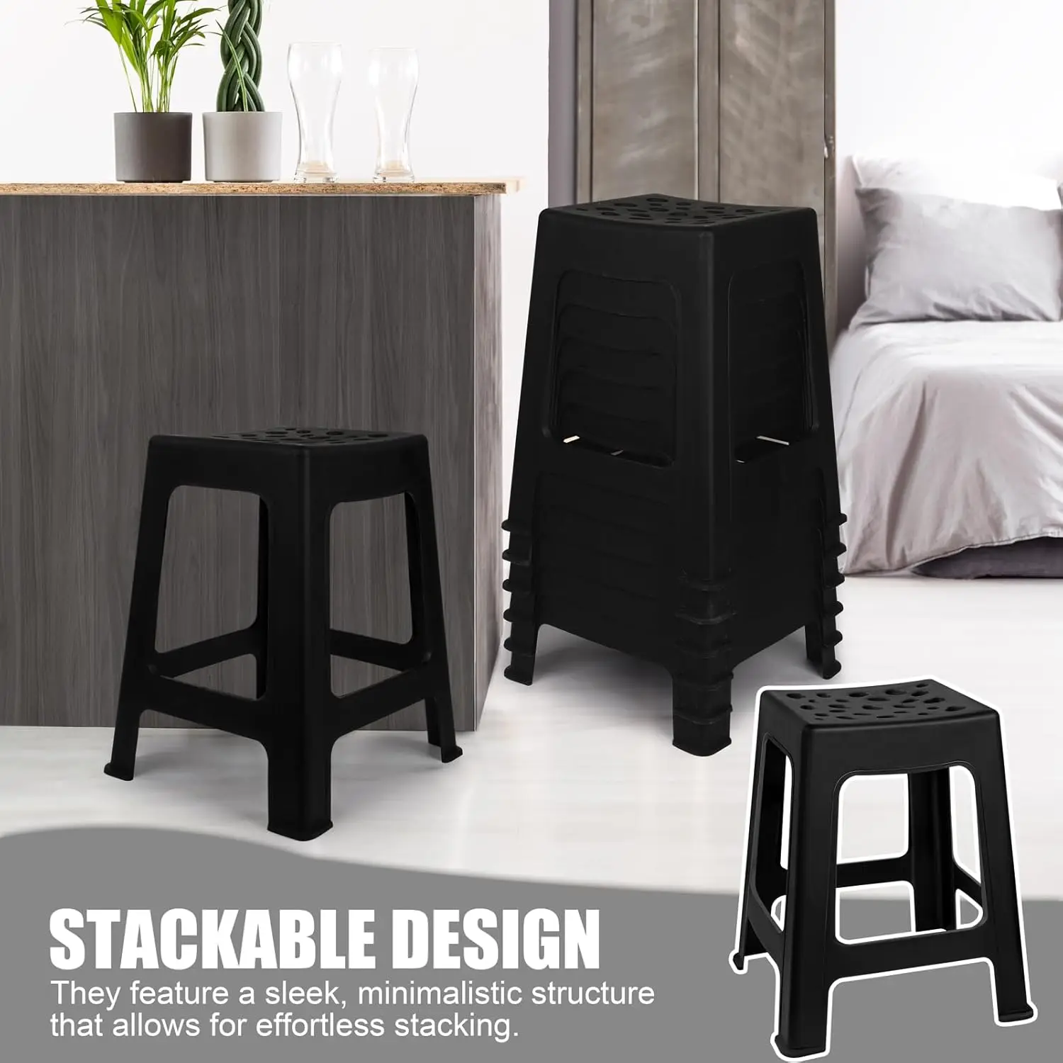 6 Pack Plastic Stools 16.9 Inch Black Nesting Stools Portable Backless Bar Stool Flexible Seating Chairs for Classroom