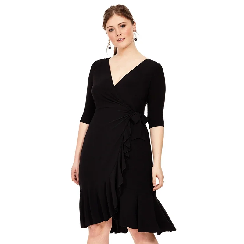 Plus Size Sexy V-neck Elegant Wrap Summer Dress Women Ruffle Trim Tie Back Half Sleeve A-line Work Dress Large Size Party Dress