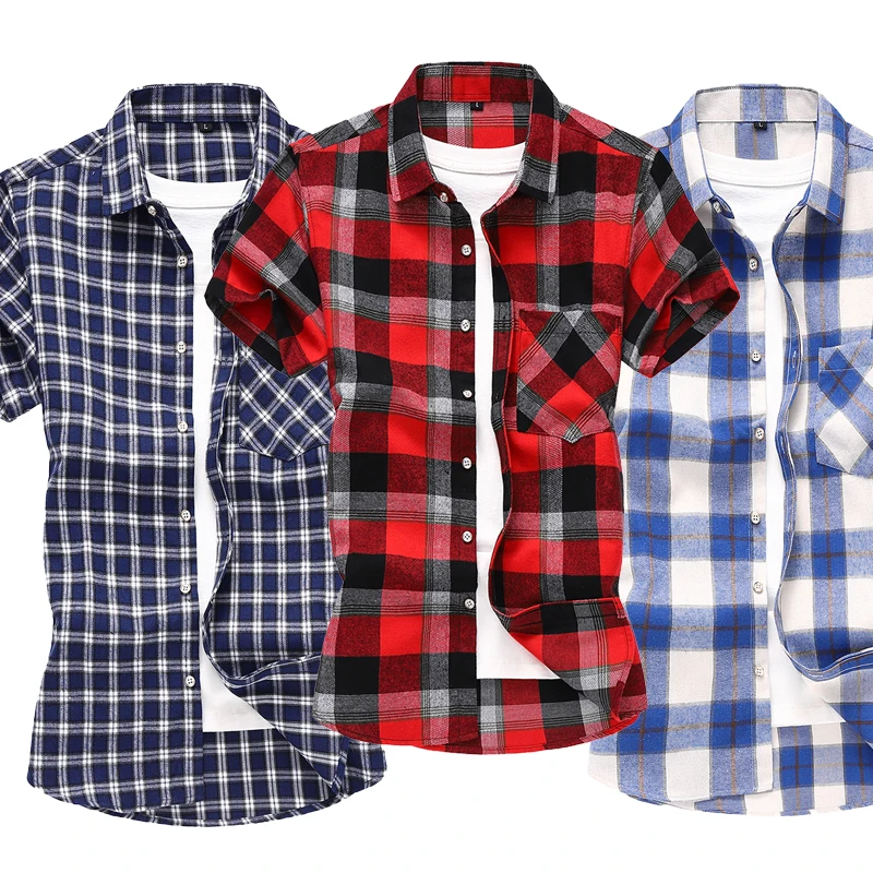 2025 new summer men's shirts short-sleeved plaid fat plus big yards youth casual shirt
