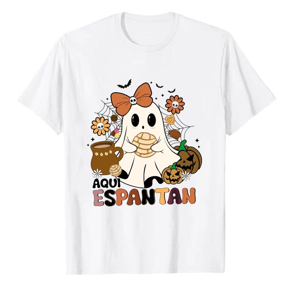 Cute Aqui Espantan Ghost T‑Shirt Mexican Concha Bread Orange Bow Sunflower Coffee Pot Pumpkin Bat Spider Web Cotton Casual Tops