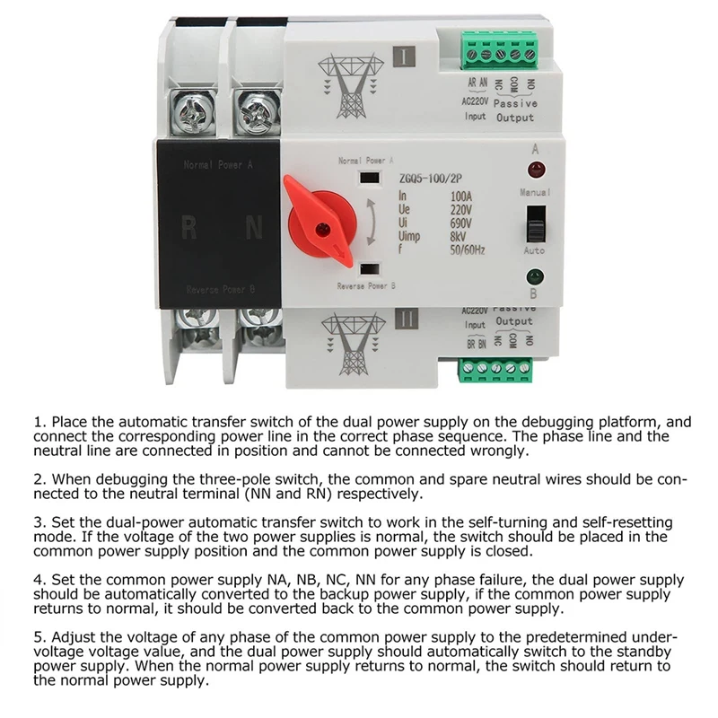 Interruttore di trasmissione a 2 vie 220V ZGQ5-100 / 2P Interruttore di trasferimento automatico con controller interruttore di trasmissione a doppia alimentazione a 2 vie