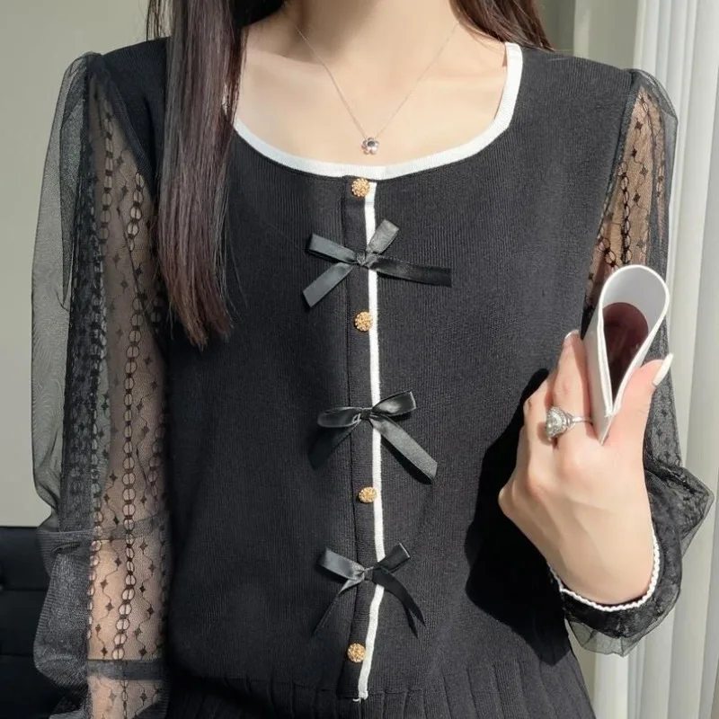 Women\'s 2024 Summer New Pullover Round Neck Patchwork Fashion Solid Bow Lace Button Slim Knittedo Ffice Lady Long Sleeve Tops