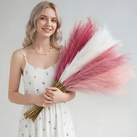 36Pcs Pink Fluffy Artificial Pampas Grass Fake Flowers Vase Filler Arrangement for Home Wedding Party Centerpieces Boho Decor