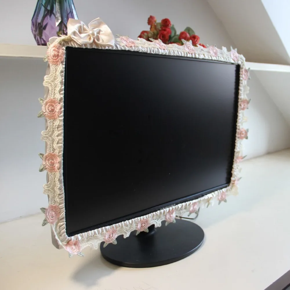 

Bow Tie Computer Monitor Cover Lace Design Soft Fabric Monitor Dust Cover Cute Decorations Elastic Computer Frame Protector