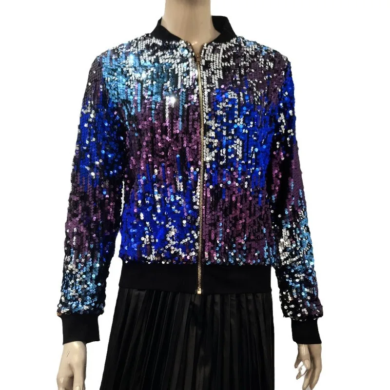 Shiny Color Sequin Jacket Coat Women Personalized Street Stand Collar Long Sleeve Zipper Jackets Fashion Female Clothing Coats