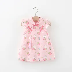 Summer Girl Dress Sweet Chinese Strawberry Long sleeved Princess Dress Suitable for Children Aged 0-4