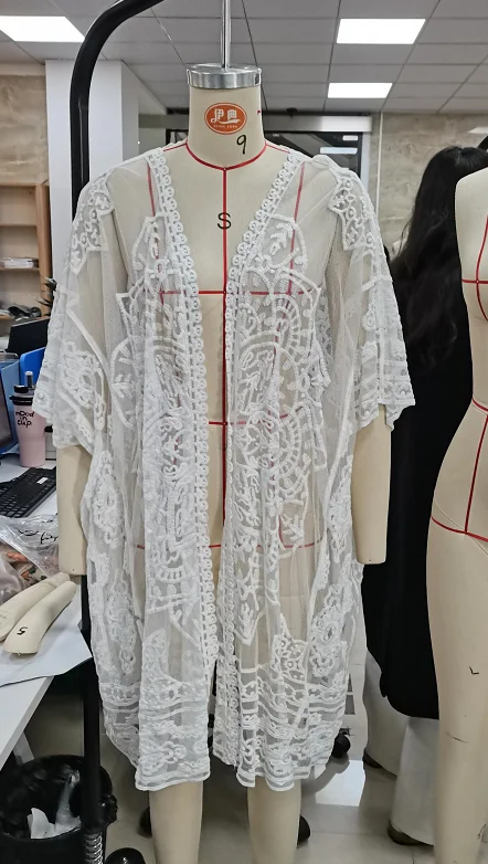 Women Lace Bikini Cover-Up 3 4 Sleeves Open Front Sheer Mesh Crochet Kimono Cardigan