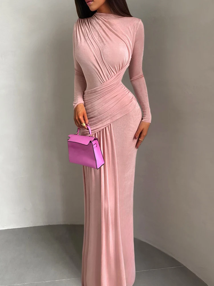 Sisterlinda Folds Maxi Dress Women O-Neck Full Sleeve Solid Banquet Elegant Vacation Fashion Autumn Skinny Casual Simple Vestido