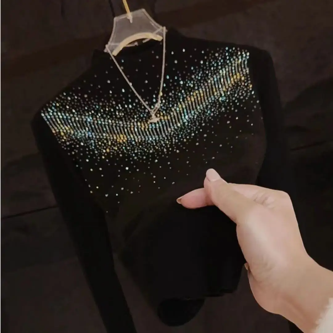 Elegant High Neck Knitted Sweater with Rhinestones Long Sleeve Overhead Base Shirt Women's Fashion Autumn Winter New Style Sl...