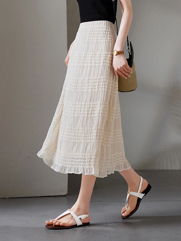 Sophisir 2025 Gonna lunga a pieghe versatile con trama in pizzo primaverile Gonna lunga a vita alta da donna in fibra di poliestere 00%