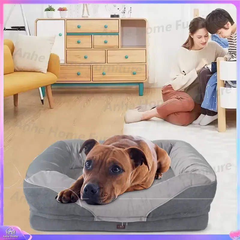 Waterproof Tan Gray Pet Sofa Bed Large Fluffy Washable Memory Foam Dog Bed Non Slip Bottom Detachable Puppy Couch Furniture