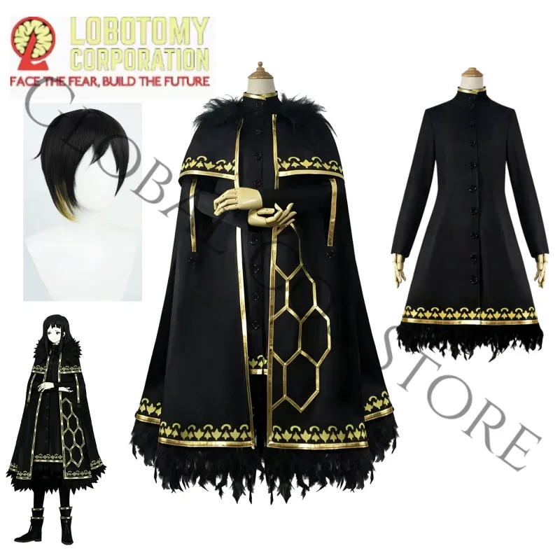 Library of Ruina Lobotomy Corporation Binah Cosplay Costume Wig Black Long Cape Shawl and Dress Set for Halloween Party