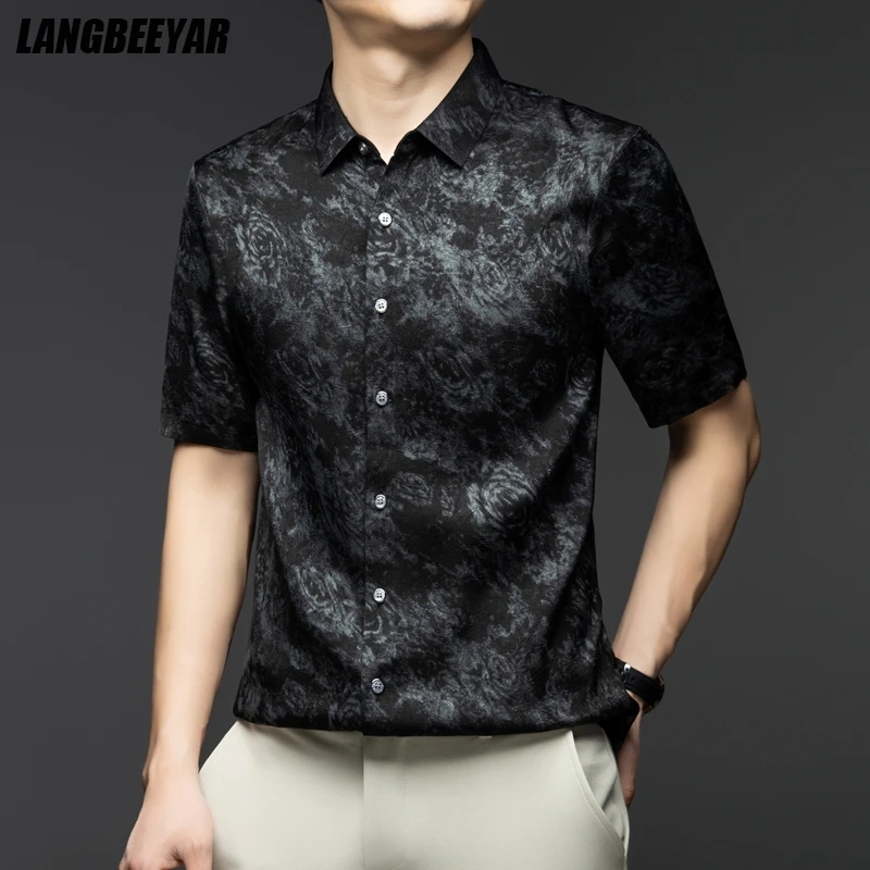 

High End Acetate-like fabric New Summer Brand Korean Fashion Mens Shirt Classic Floral Short Sleeve Trending Casual Men Clothes