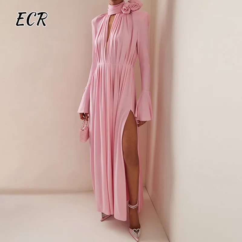 ECR Elegant Patchwork Appliques Dresses For Women High Collar Flare Sleeve Thigh Split Solid Temperament Dress Female Clothing