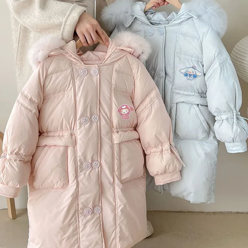 女の子用の綿のパッド入りジャケット,sanrios kuromi cinnamoroll,hello kittysフード付きパーカー,子供用の厚手の暖かいコート,防寒着,スノースーツ