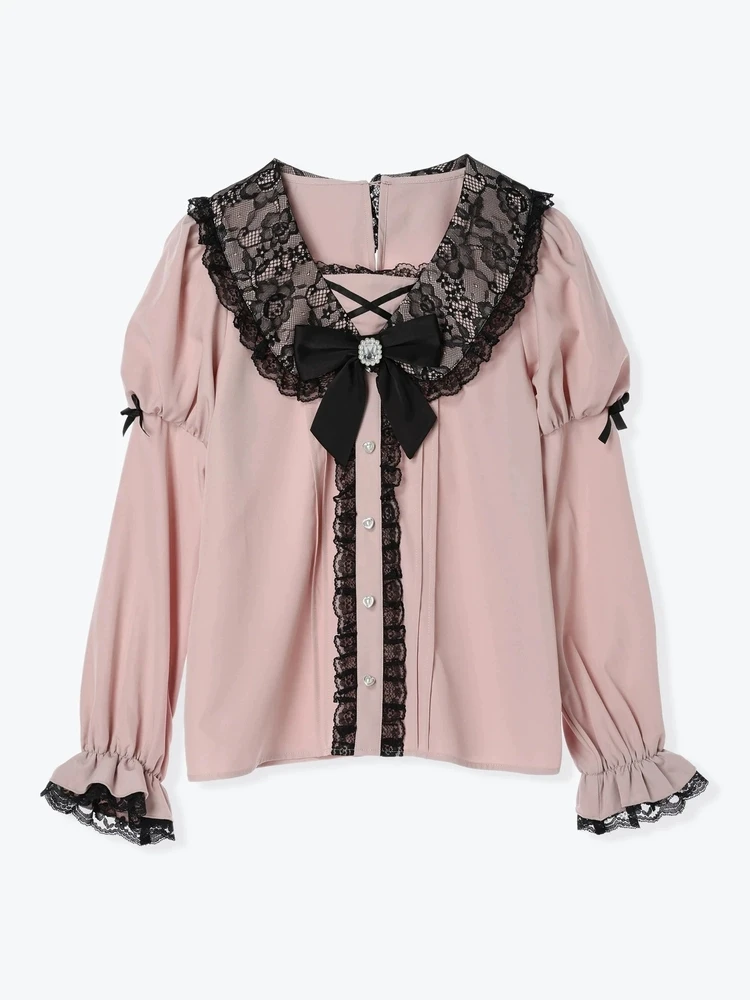 Autumn New Japanese Mine Series Lace Splicing Bow Lantern Sleeve Shirt Female Girls Sweet Long Sleeve Blouse Lolita Tops