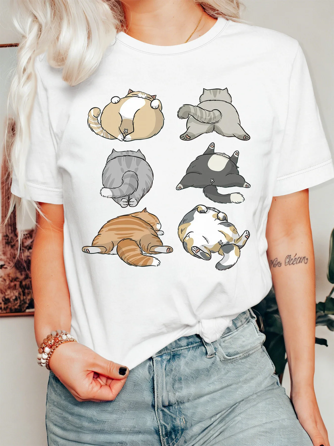 Funny Lazy Cat Butts Collection Womens Crew Neck Short Sleeve T Shirt Sleepy Pet Kitten Cartoon Casual Graphic Tees For Ladies