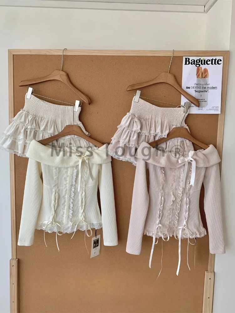 Winter Knitted Japanese Kawaii Y2k 2 Piece Set Women Lace Sweet Elegant Retro Skirt Suit Female Chic Tops + Cake Mini Skirt 2025
