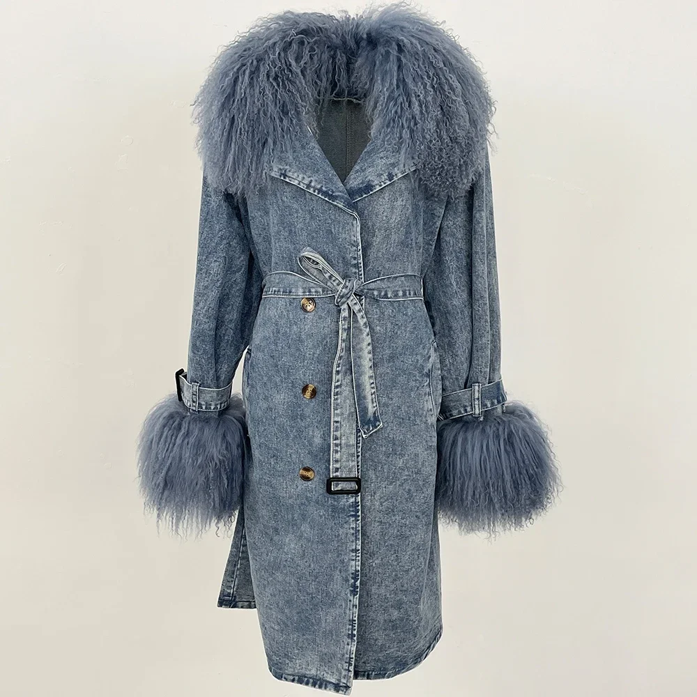 Mongolian Fur Collar Jacket 2025 Autumn Winter Fashion Lady Denim Jacket Long Trench Coat Fur Detachable Collar Fur Overcoats